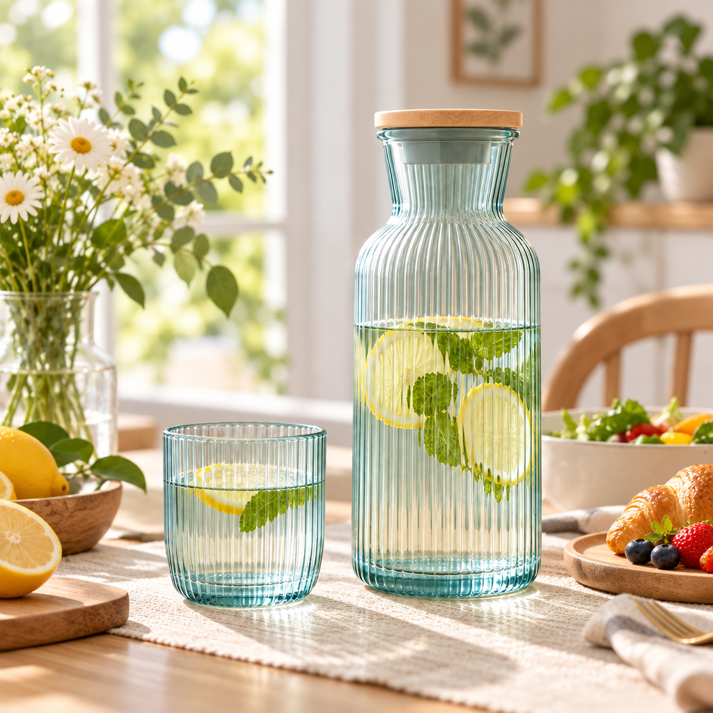 Jorenqia Ribbed Glass Carafe & Cup Set view 3